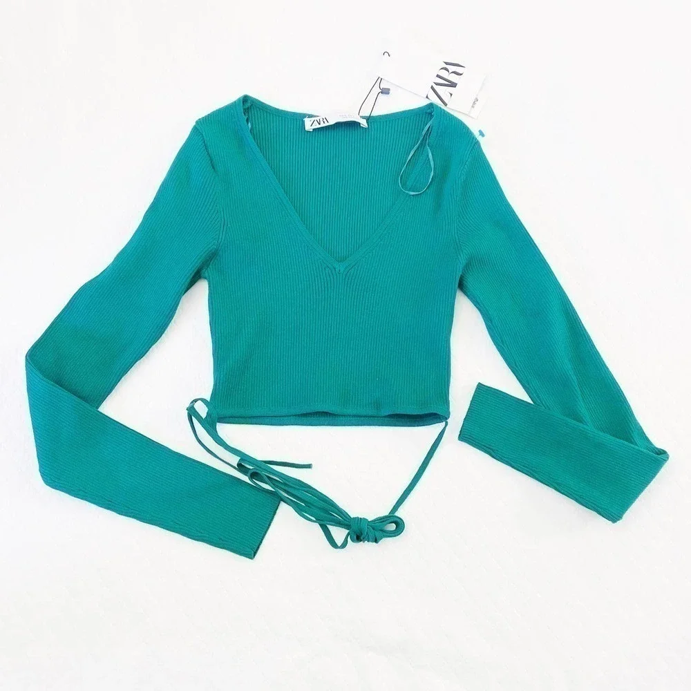 Zara Green Long Sleeve V-Neck Crop Top Crossbody Straps SZ S NWT